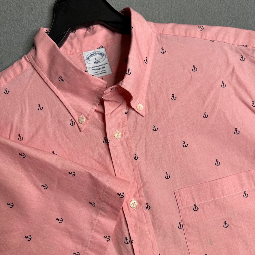 Brooks Brothers Mens Large L Anchor Print Button Down Coral‎ Pink Regular Fit